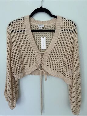 Maeve Crochet Knit Tie-Front Crop Sweater - Beige